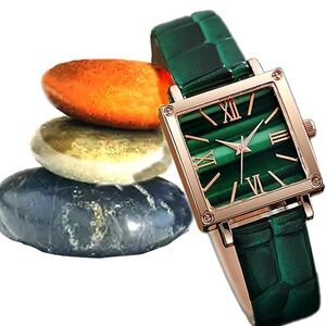 Women's green Square Small Watch, Simple Faux Leather Strap Roman Numeral Dial